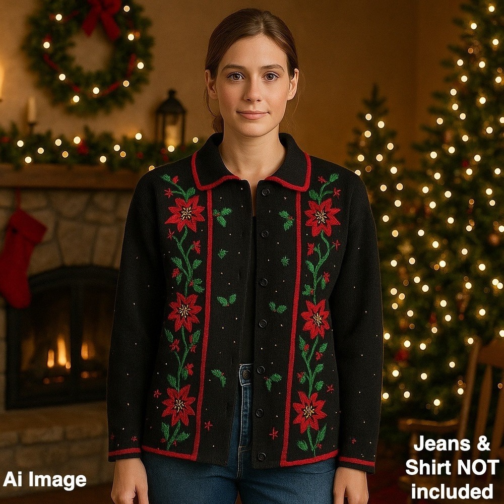 ARRIVISTE Women‎ S Black Poinsettia Christmas Cardigan Sweater Holiday *READ